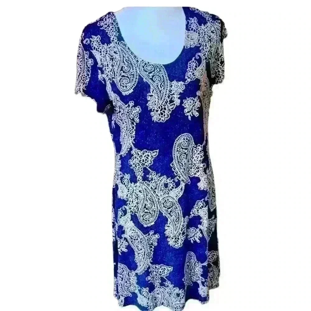 Vasna ladies Midi dress size M Blue Paisley Pullover Casual Stretch TRAVEL - Picture 2 of 15